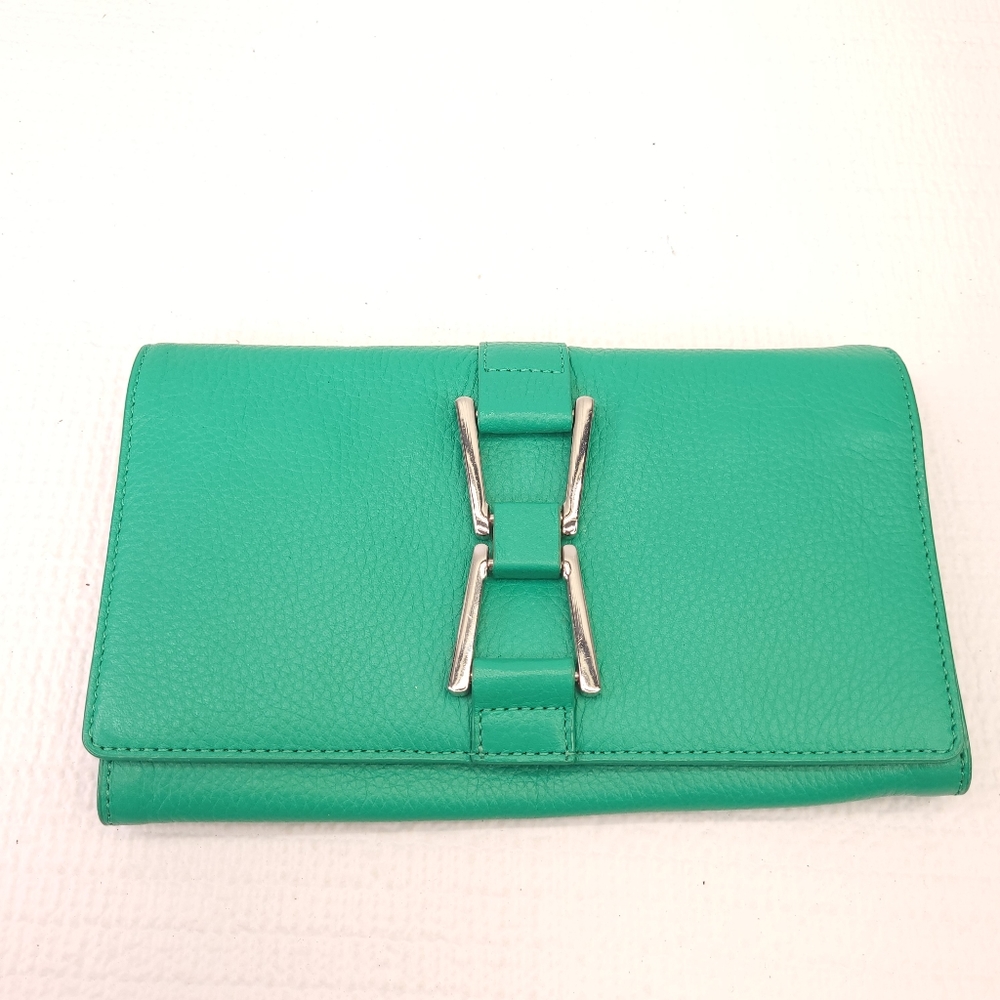 Sam Edelman Green Leather Wallet Money Card Holder Coin Purse Clutch